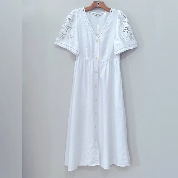 Madewell NWT Cassie Button-Front Midi Dress in Linen Size Small in Eyelet White - Picture 6 of 13